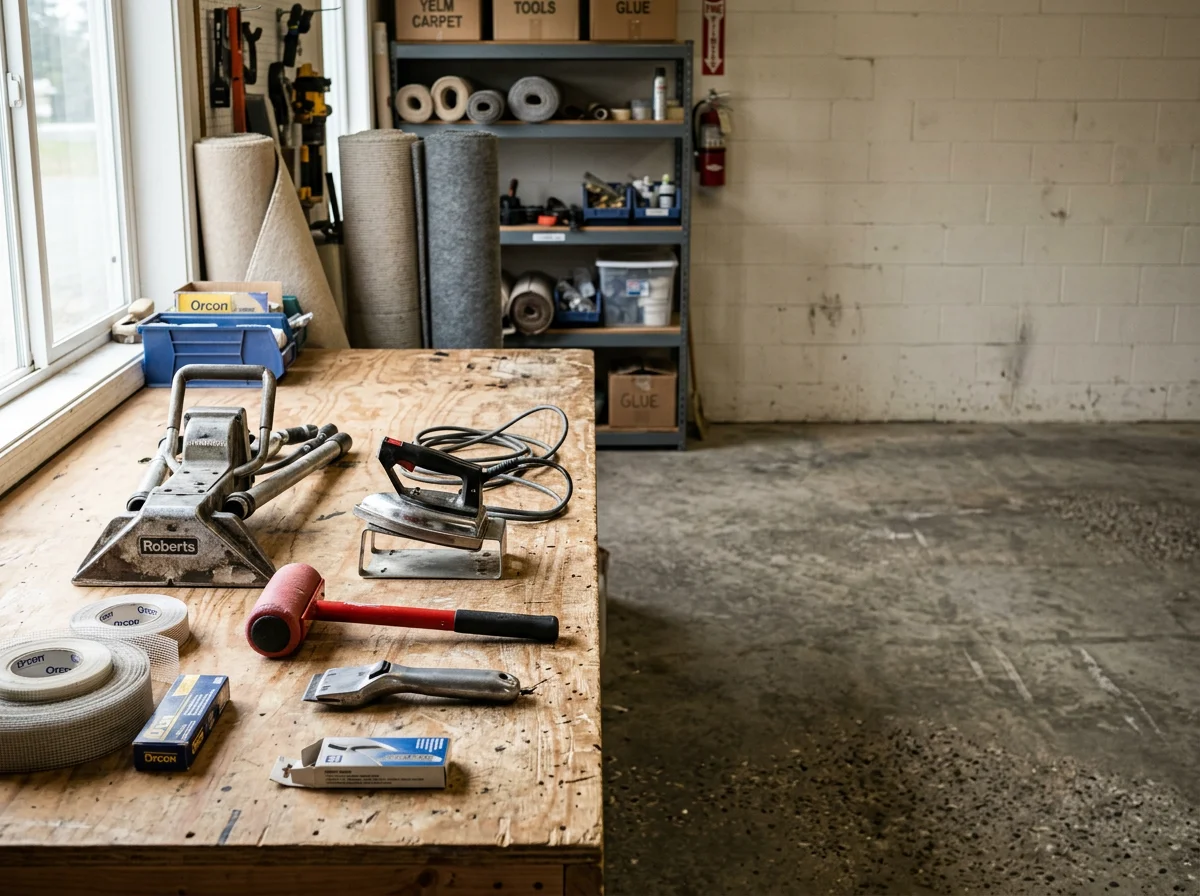 Carpet installation tools and materials arranged on a work surface, showing the equipment used for stretching, patching, and seam repair.