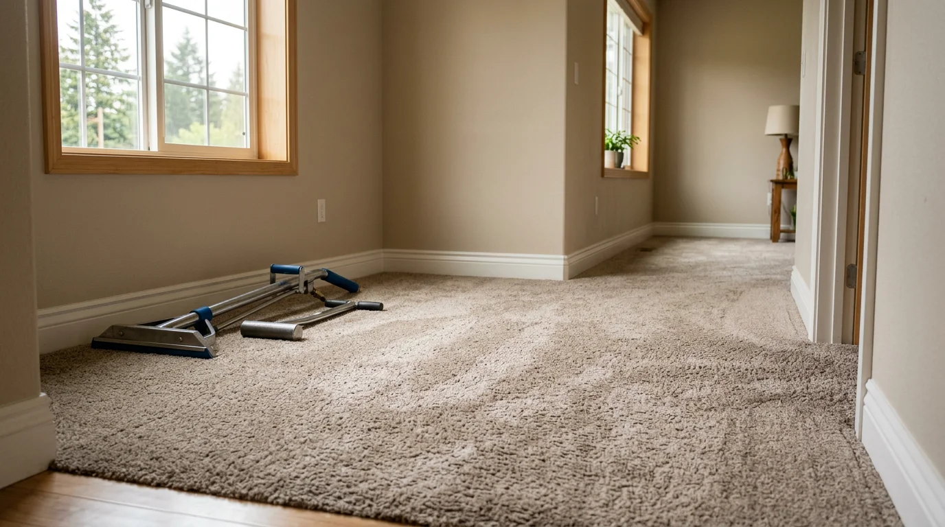 Carpet installer measuring and installing new carpet in a residential room.
