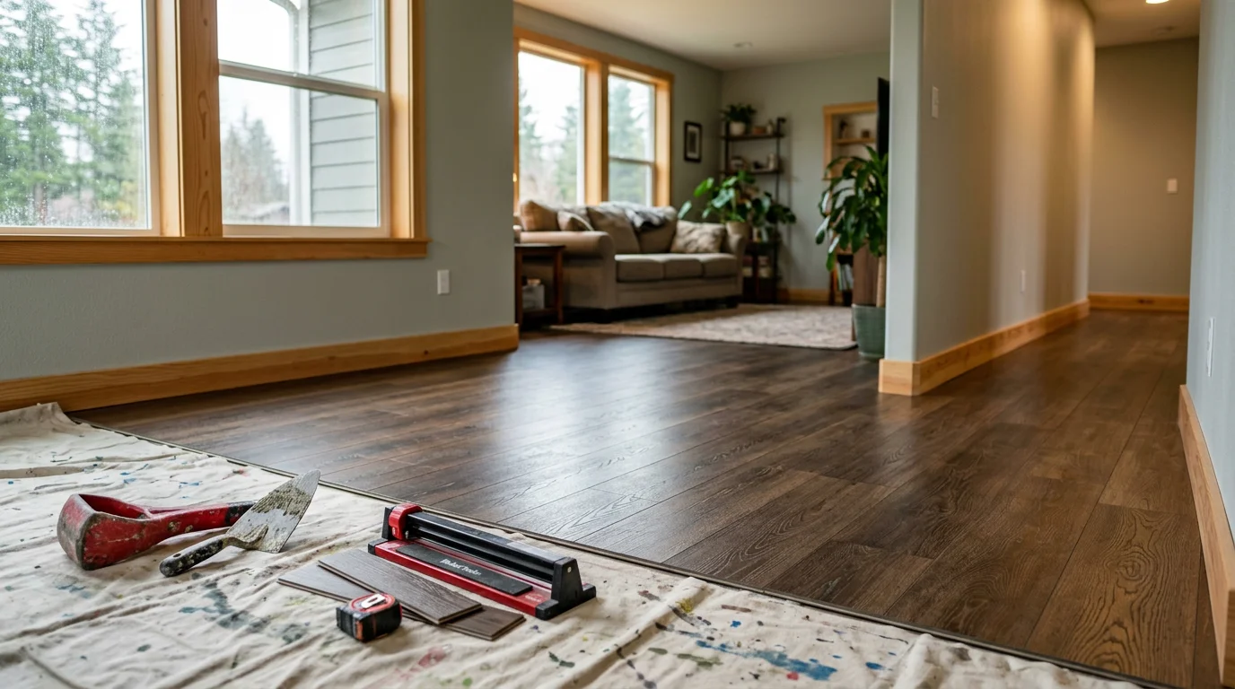 Flooring contractor installing laminate flooring in a residential kitchen.