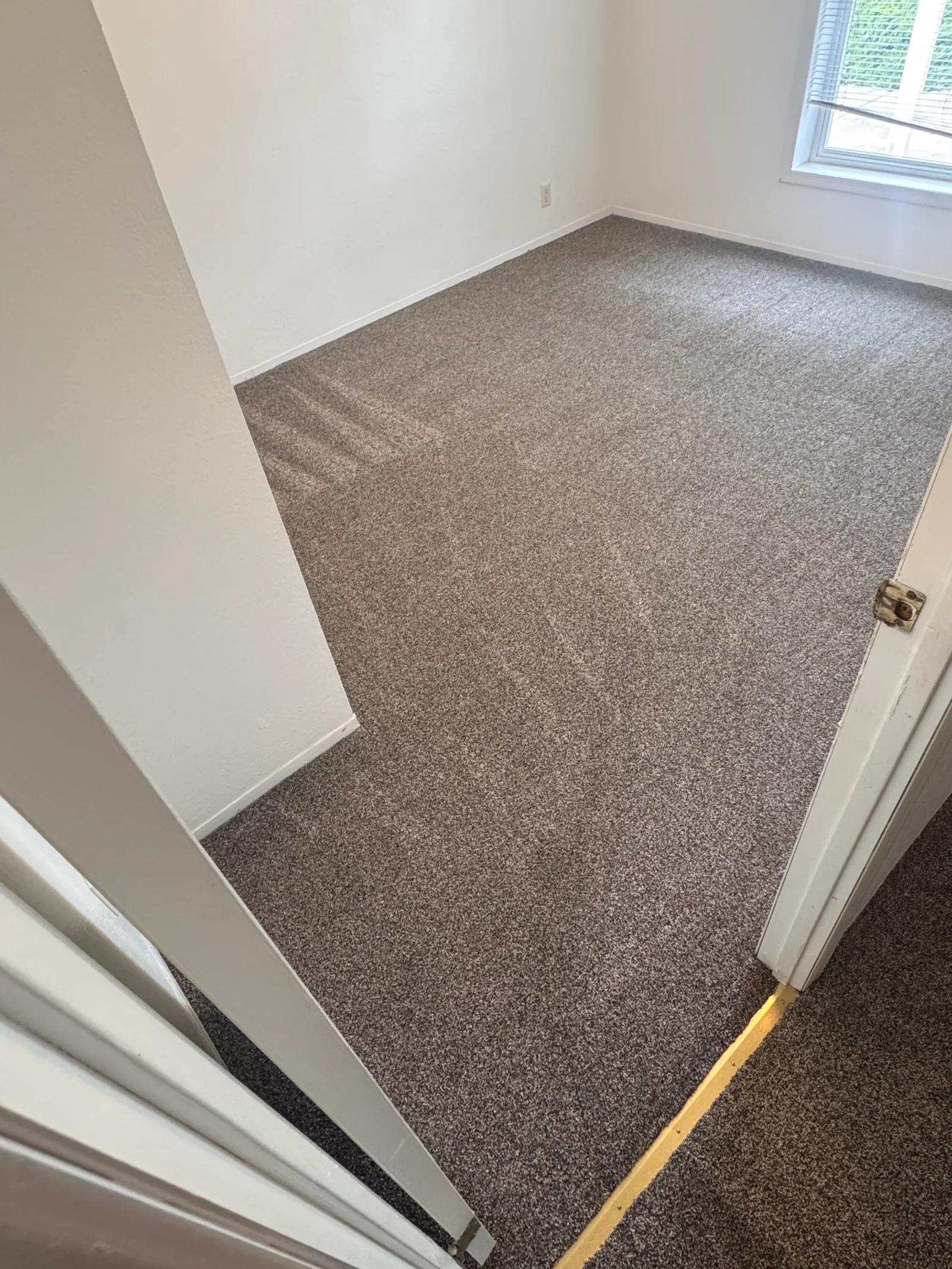 Gray textured loop pile carpet installed in bedroom with white walls and trim