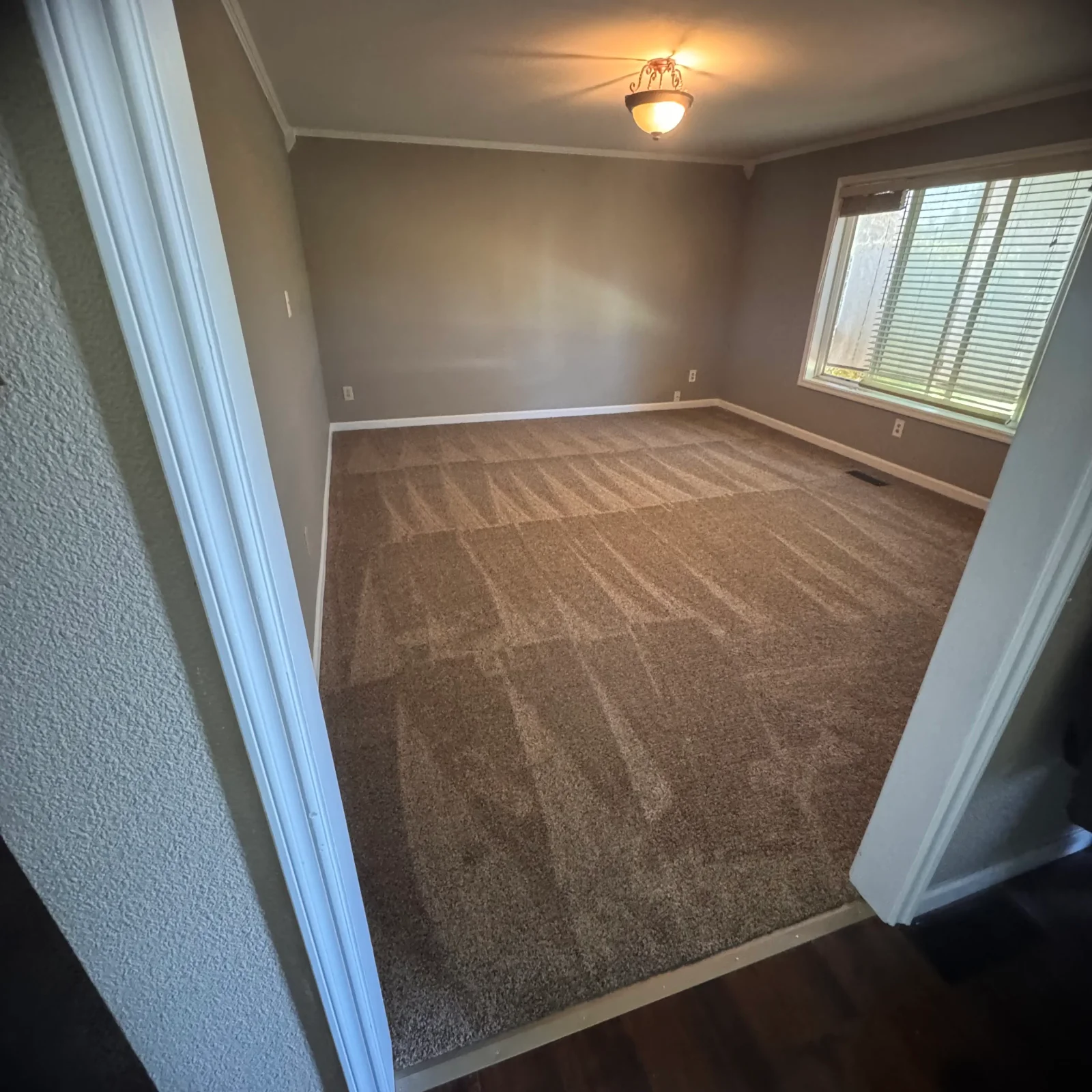Newly installed brown patterned carpet in bedroom with white trim transition and window shutters
