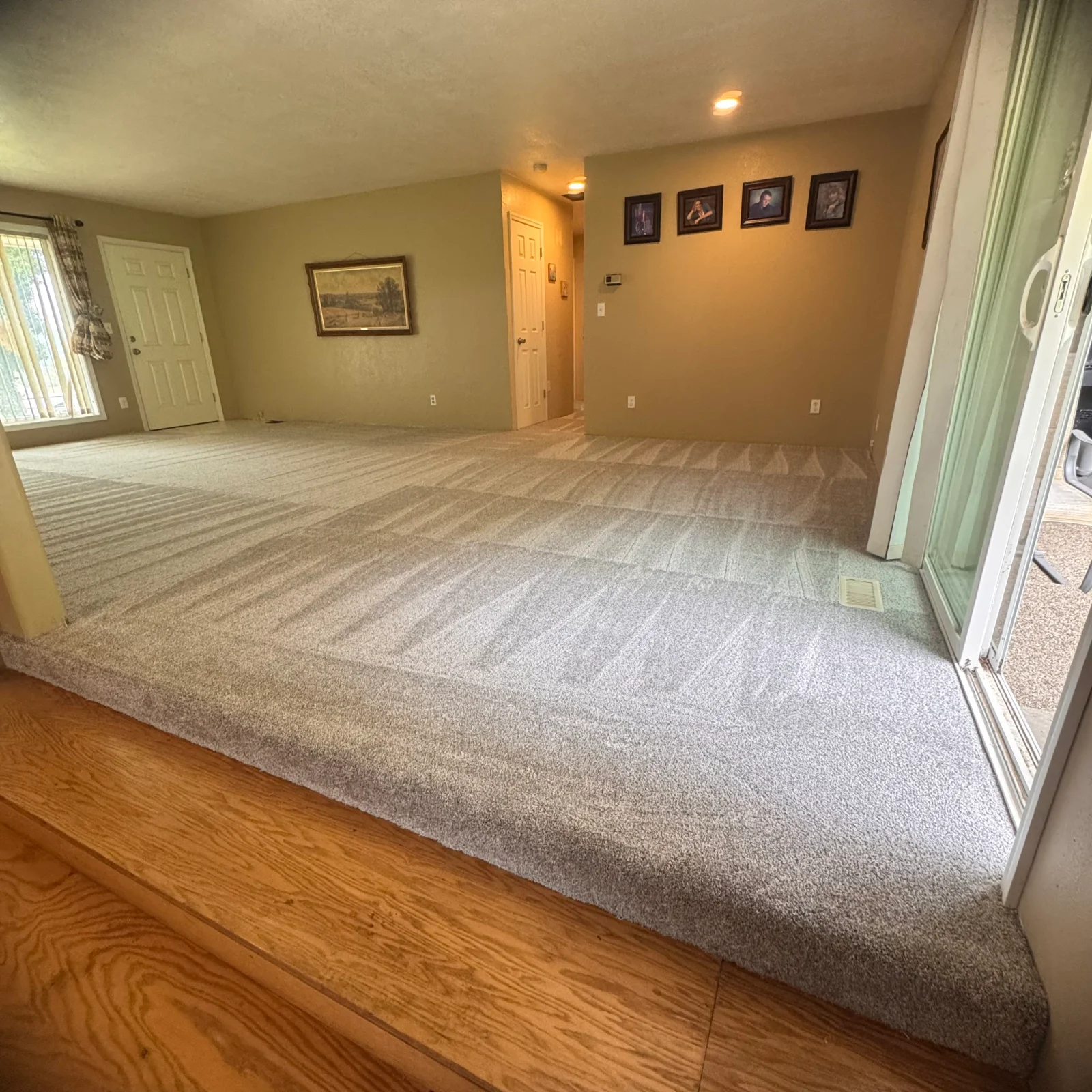 Neutral carpet with directional seams installed in living room, transitioning to hardwood flooring