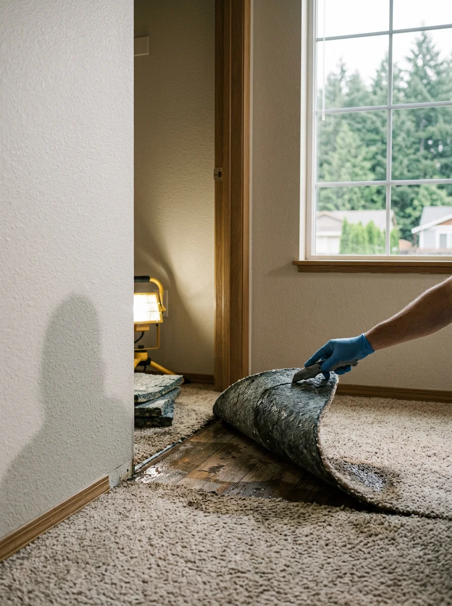 Water-damaged carpet being pulled back from a subfloor in a Graham, WA home on a wooded lot, showing the wet pad being removed before re-installation.