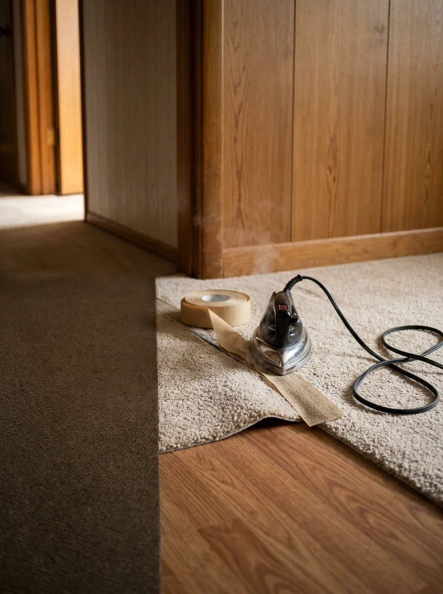 Carpet seam repair being performed in a long hallway of a mid-century rambler in Central Lacey, WA, showing the seam iron and tape in use.