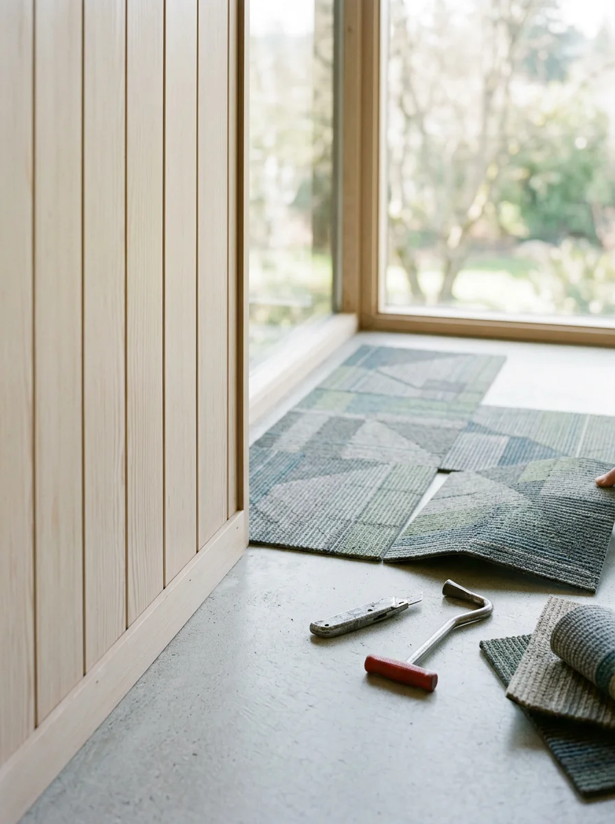 Carpet tile being laid in a finished home office in a Lakewood, WA mid-century home, with individual tiles being pressed into place on a clean subfloor.