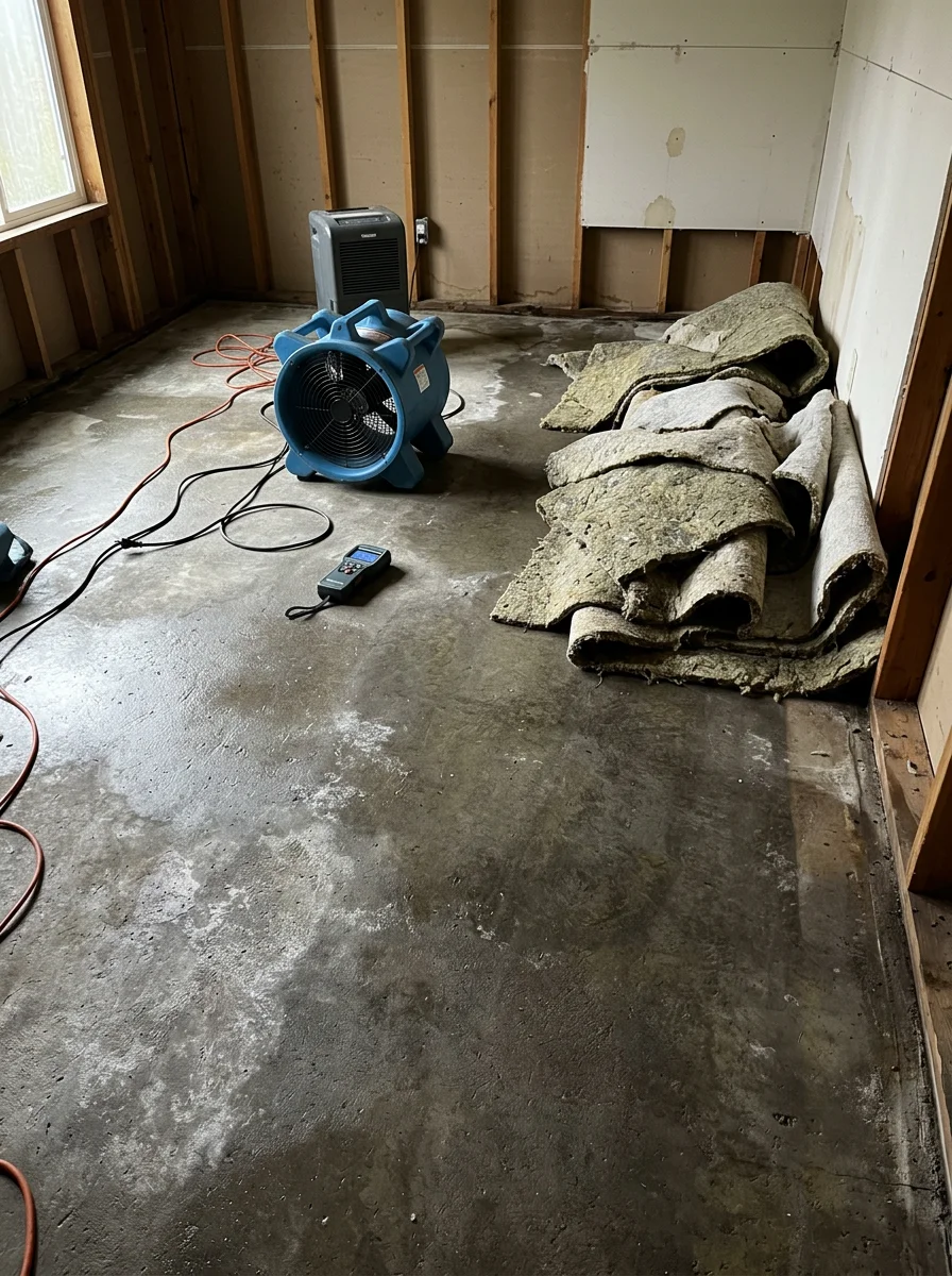 Wet carpet pad being removed from a ground-floor room in an Olympia, WA home after winter moisture intrusion, with the concrete subfloor exposed and drying.