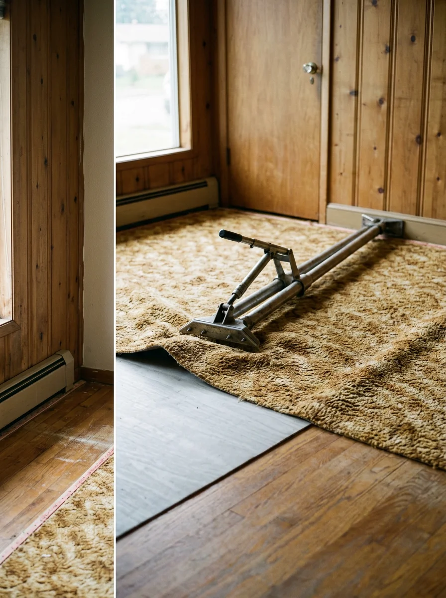 Carpet re-stretch in progress in a 1960s rambler on Puyallup's valley floor, with a power stretcher braced against the far wall and ripples being pulled flat.