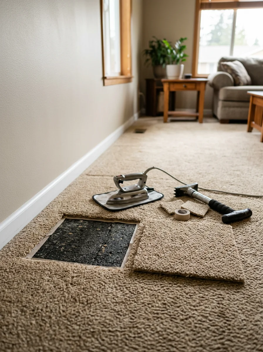 Carpet patch repair in progress on a tan Berber carpet in a Spanaway, WA family home, showing the cut section being replaced with a matching piece.
