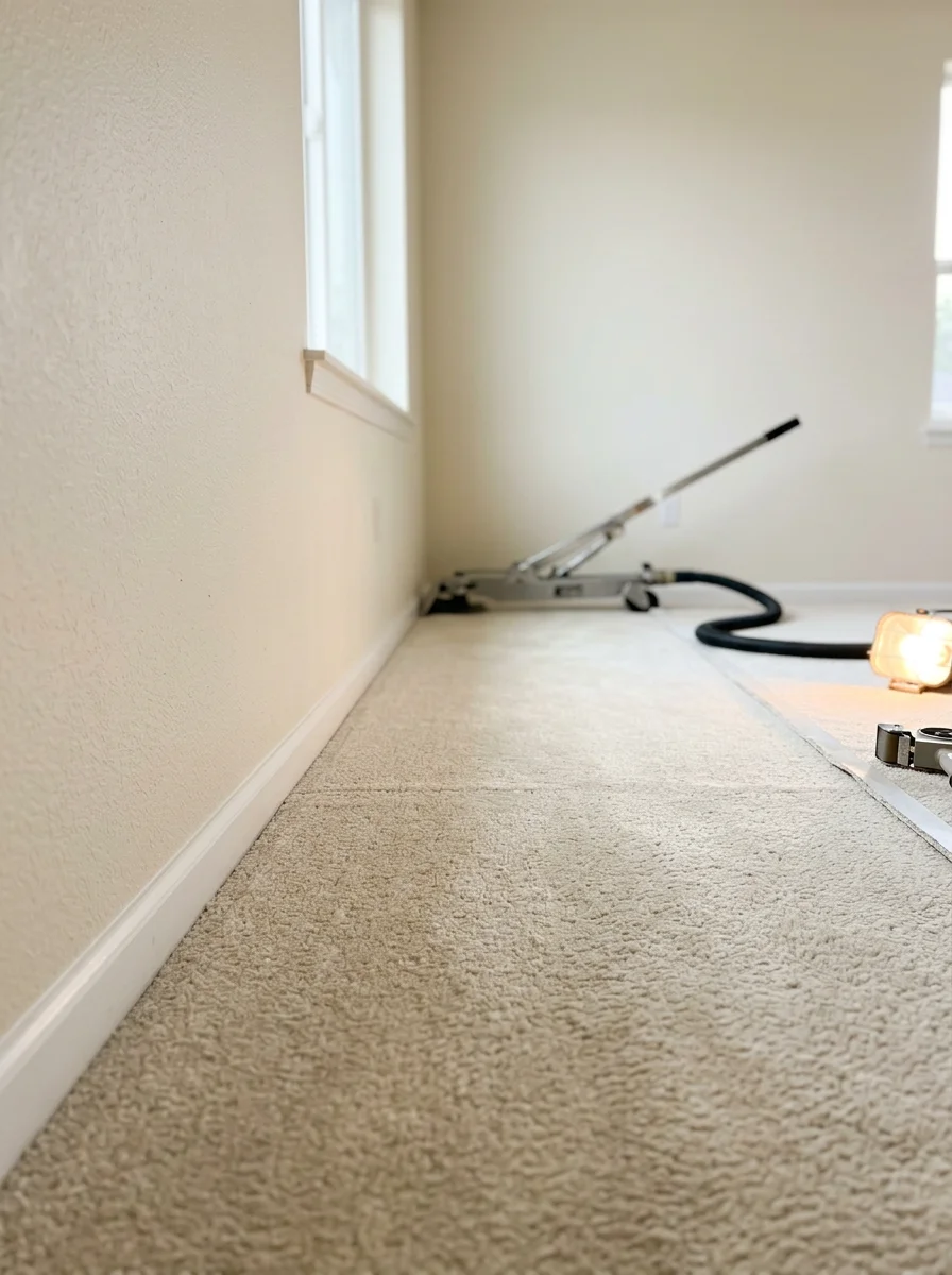 Carpet installation in progress in an East Tacoma rental property, showing fresh carpet being laid in an empty room with a power stretcher visible along the far wall.