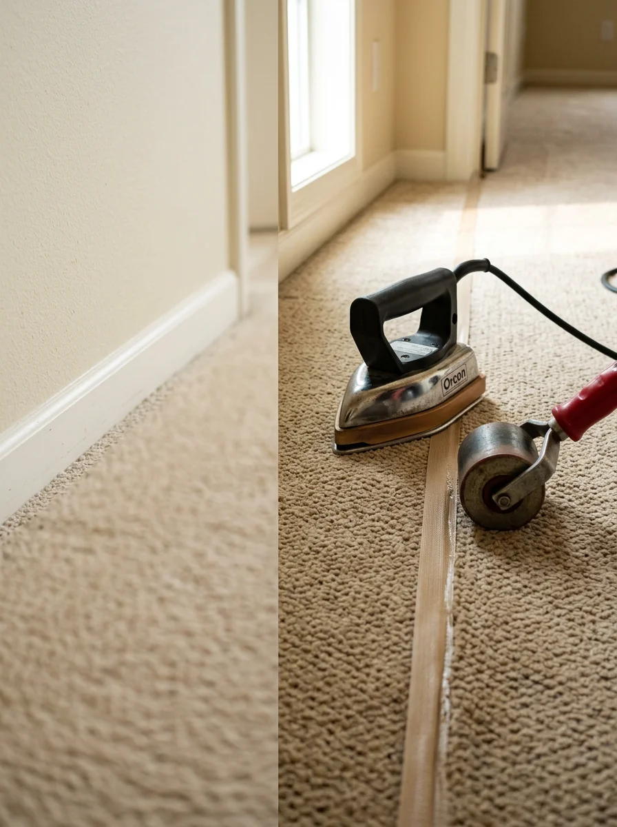 Close-up of a carpet seam repair in progress on a beige loop-pile carpet inside a Yelm, WA home built in the 2000s.