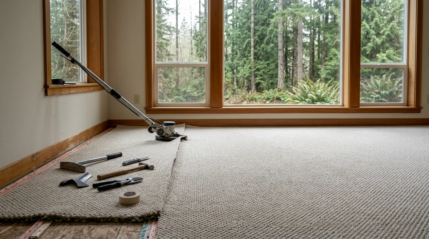 A flooring installer stretching wall-to-wall carpet in a single-family home on the Nisqually prairie near Yelm, Washington, with large windows showing a wooded backyard.