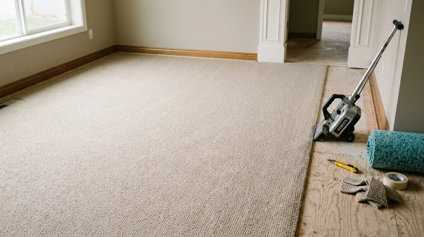 Freshly installed wall-to-wall carpet in a residential living room in Yelm, Washington, showing smooth, tight edges along the baseboards and an even surface across the full floor.
