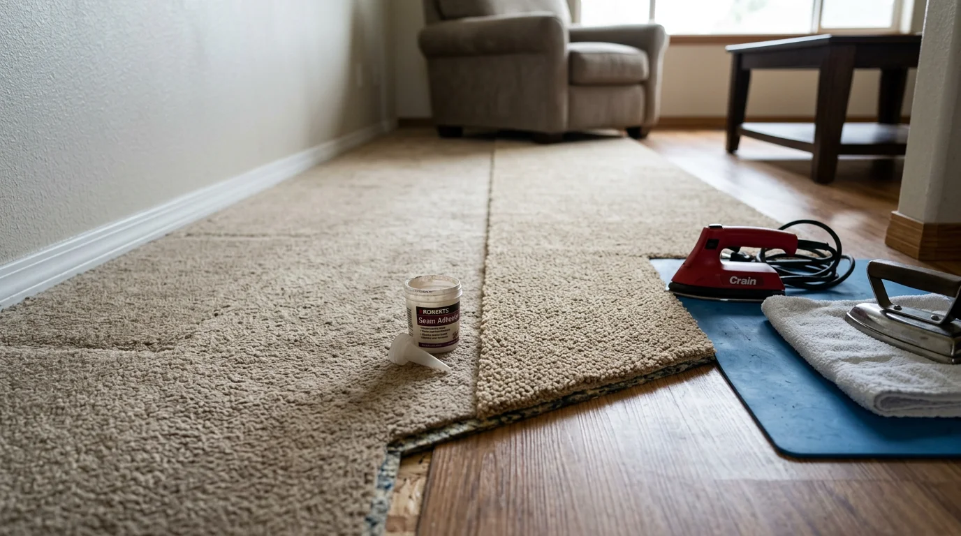 A repaired carpet patch blending into the surrounding floor in a single-family home in Yelm, Washington. The damaged area has been replaced with matching carpet material, showing a clean and even surface near a doorway transition.