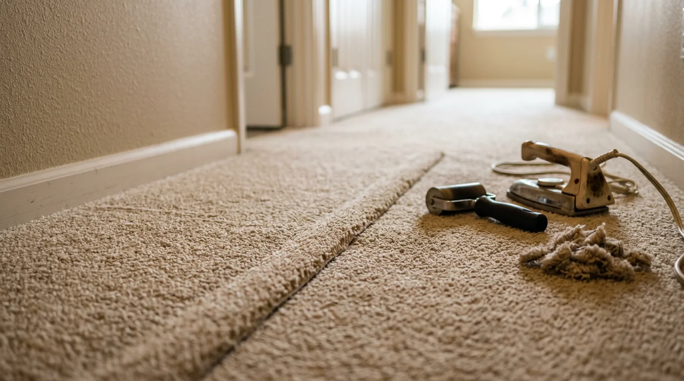 A carpet seam in a Yelm home hallway after professional repair, showing a flat, even joint where two pieces of carpet meet with no visible separation or fraying. The repaired seam blends into the surrounding carpet pile across a high-traffic area.