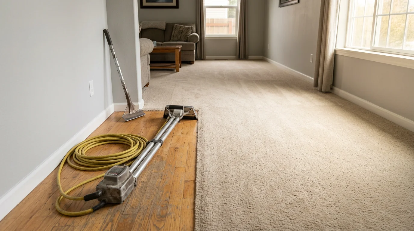 A carpet installer using a power stretcher to pull loose, rippled carpet flat in a residential living room in Yelm, Washington. The finished section of carpet lies smooth and flat against the baseboard with no visible buckles or waves.