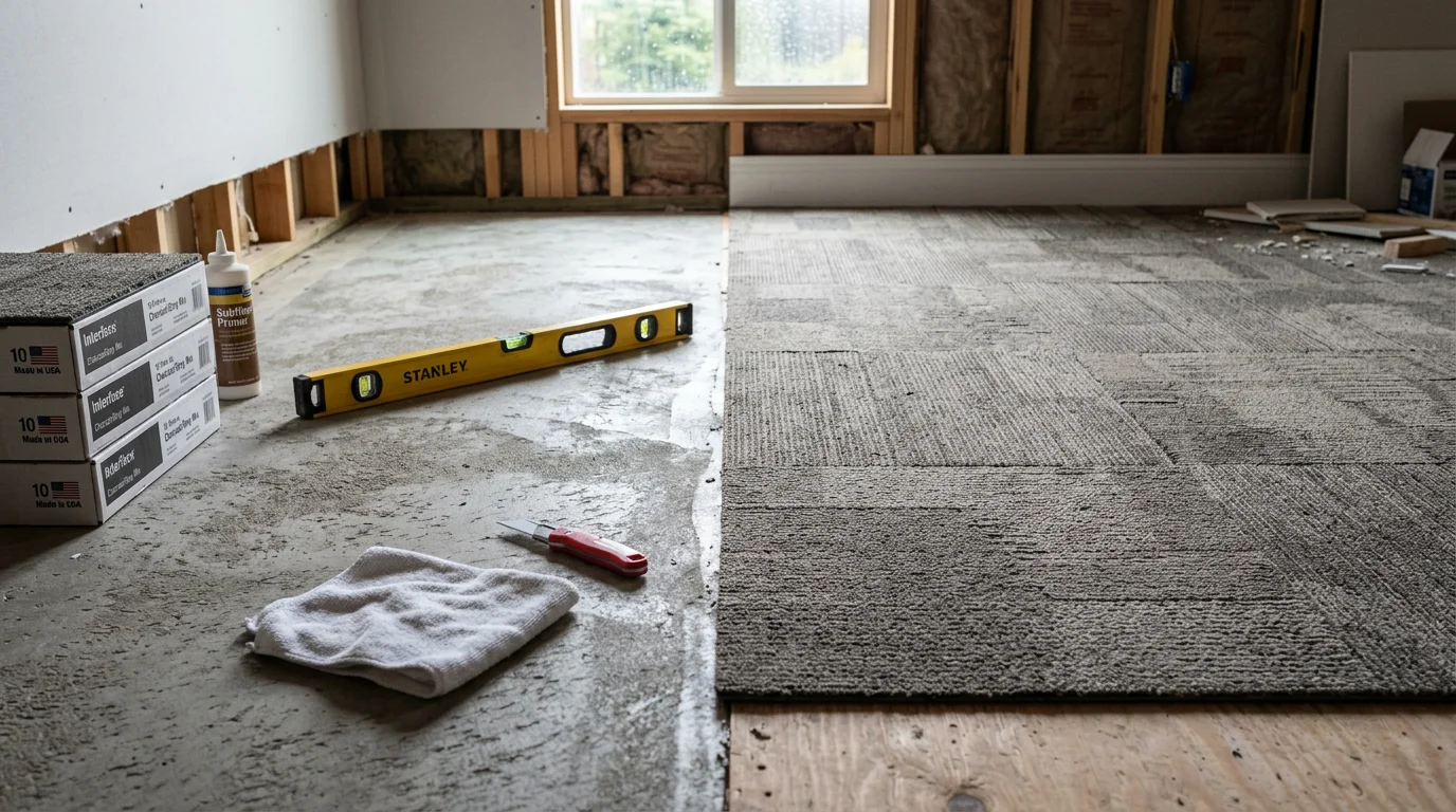 Freshly installed carpet tile covering the floor of a residential bonus room in Yelm, Washington, with clean seams and a uniform pattern. A professional installer from Stretch & Patch Carpet Solutions works near the room's edge, trimming a tile to fit the perimeter.