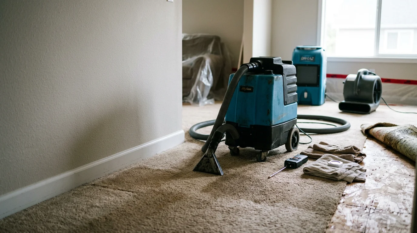 A carpet restoration technician extracting water from a saturated living room carpet in a Yelm, Washington home. The carpet and pad show visible water saturation near a baseboard, with restoration equipment positioned on the floor.
