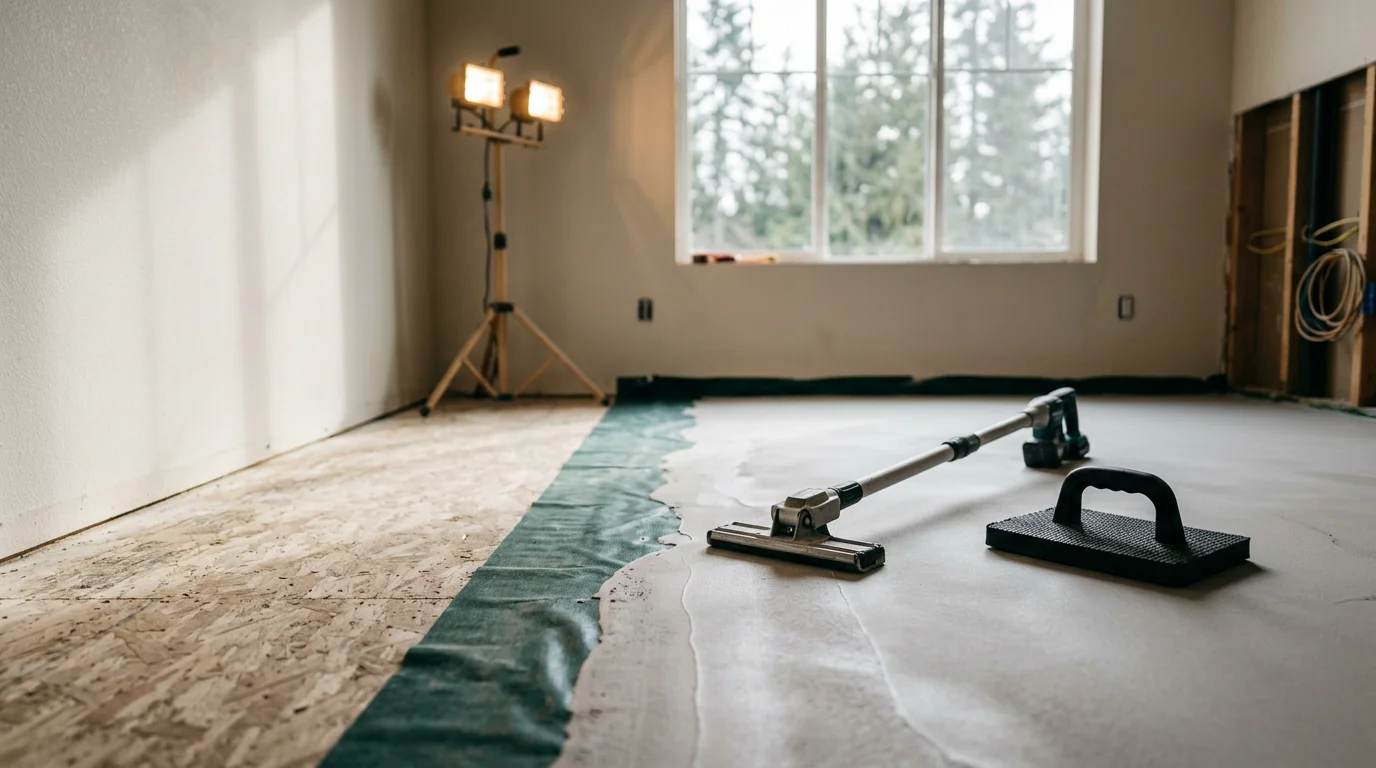 Freshly installed flooring in a single-family home in Yelm, Washington, showing a clean, smooth surface extending from the entryway into the main living area. A flooring contractor from Stretch & Patch Carpet Solutions works along the baseboard to complete the final trim detail.
