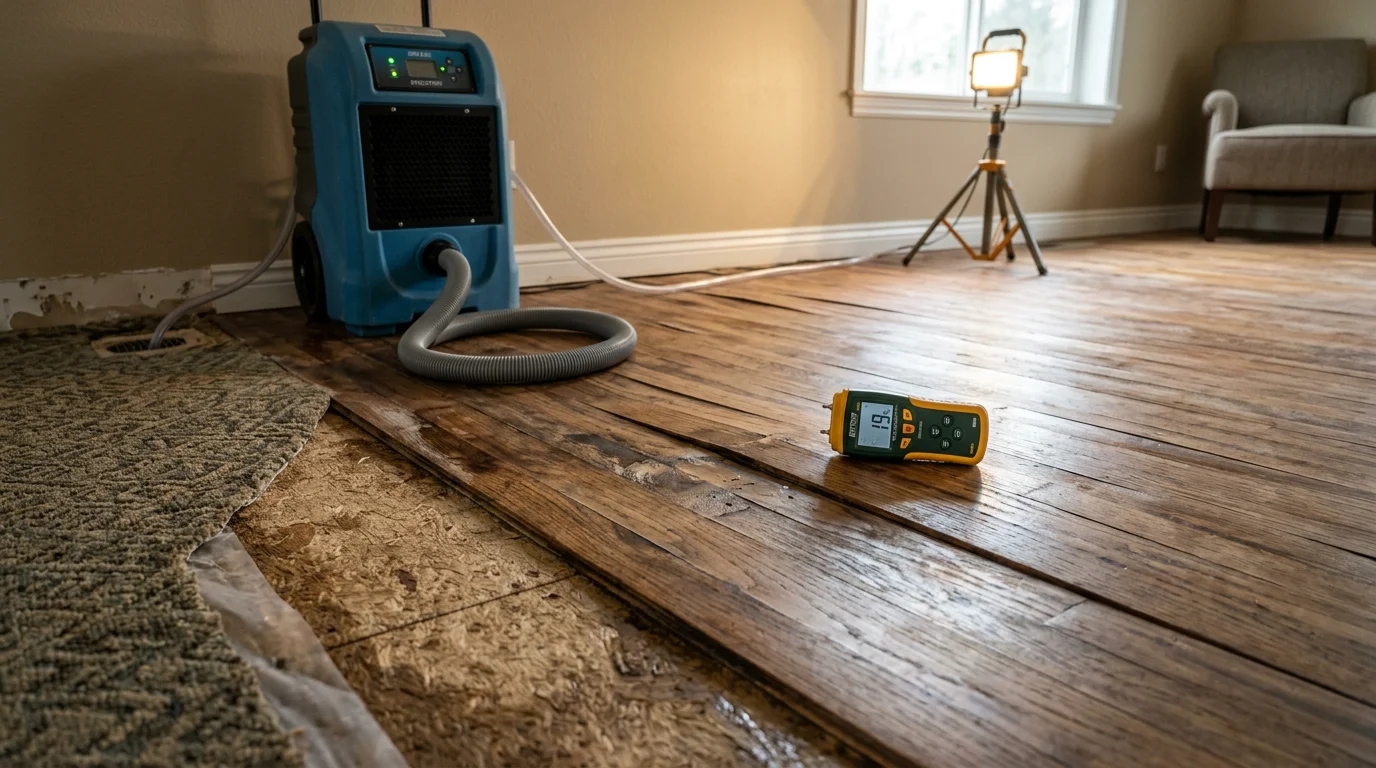 Close-up view of a technician inspecting water-damaged flooring in a Yelm home, with lifted floor sections revealing moisture damage to the subfloor beneath.