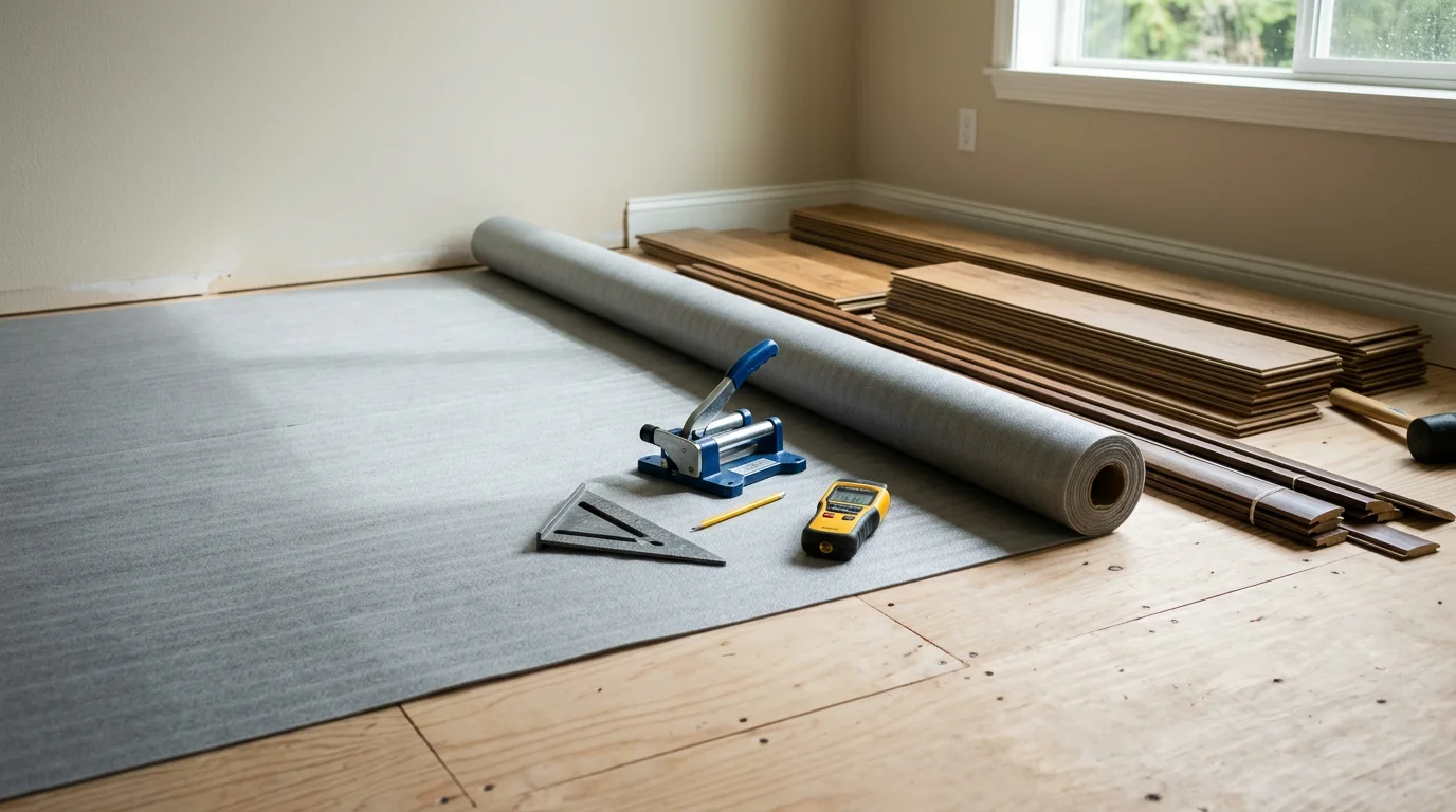 Freshly installed laminate flooring with wood-look planks covering a residential living room in Yelm, Washington. Clean edge transitions and uniform plank layout visible throughout the open floor space.