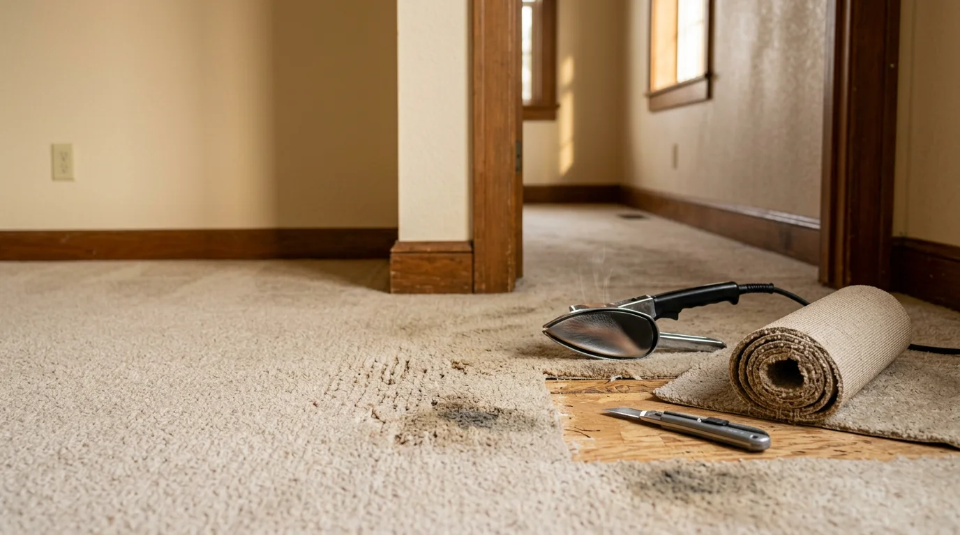 Close-up of a repaired carpet patch in a Yelm home living room where pet scratching had frayed and torn the fibers near a doorway. The patched section sits flush with the surrounding carpet, showing a clean seam and matched pile direction.