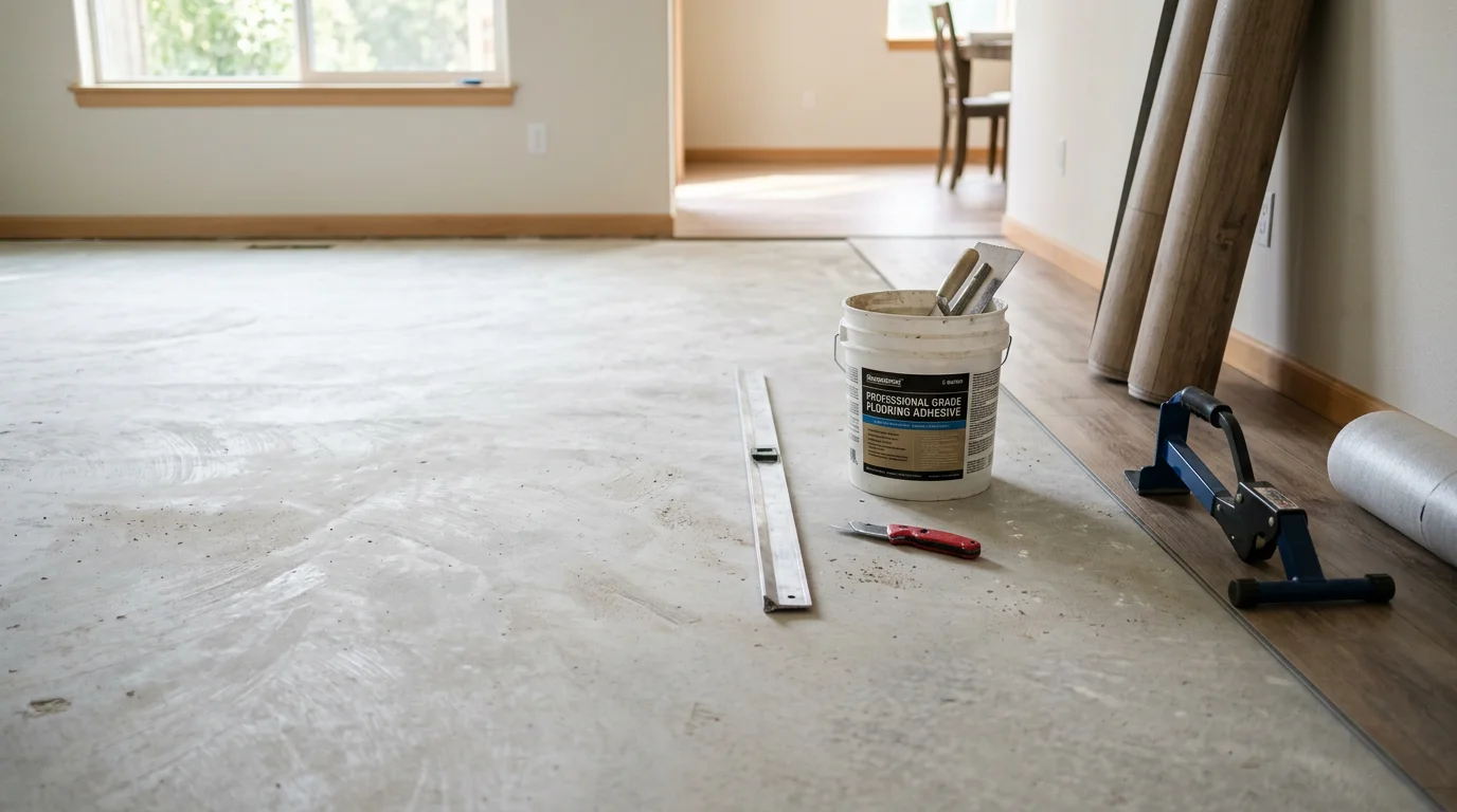 Freshly installed vinyl flooring in a single-family home in Yelm, Washington, showing a clean, even surface in a bright living area. The finished floor runs wall to wall with tight seams and a smooth finish ready for everyday use.