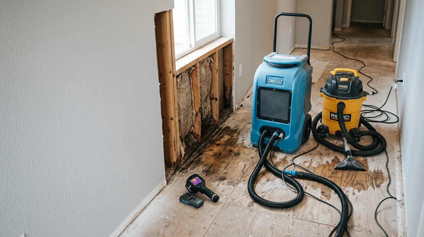 Close-up of a flooring contractor assessing water-damaged carpet and subfloor in a Yelm, Washington home. Buckled flooring and discolored padding are visible near a wall, showing the extent of moisture damage before repair.